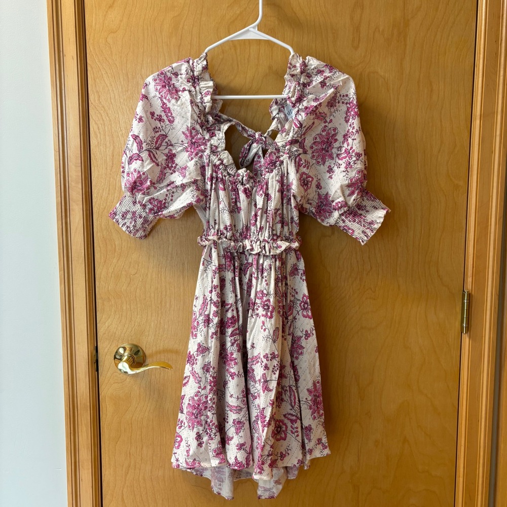Misa Los Angeles Dress Women Small Pink Floral Puff Sleeve Open Back Mini